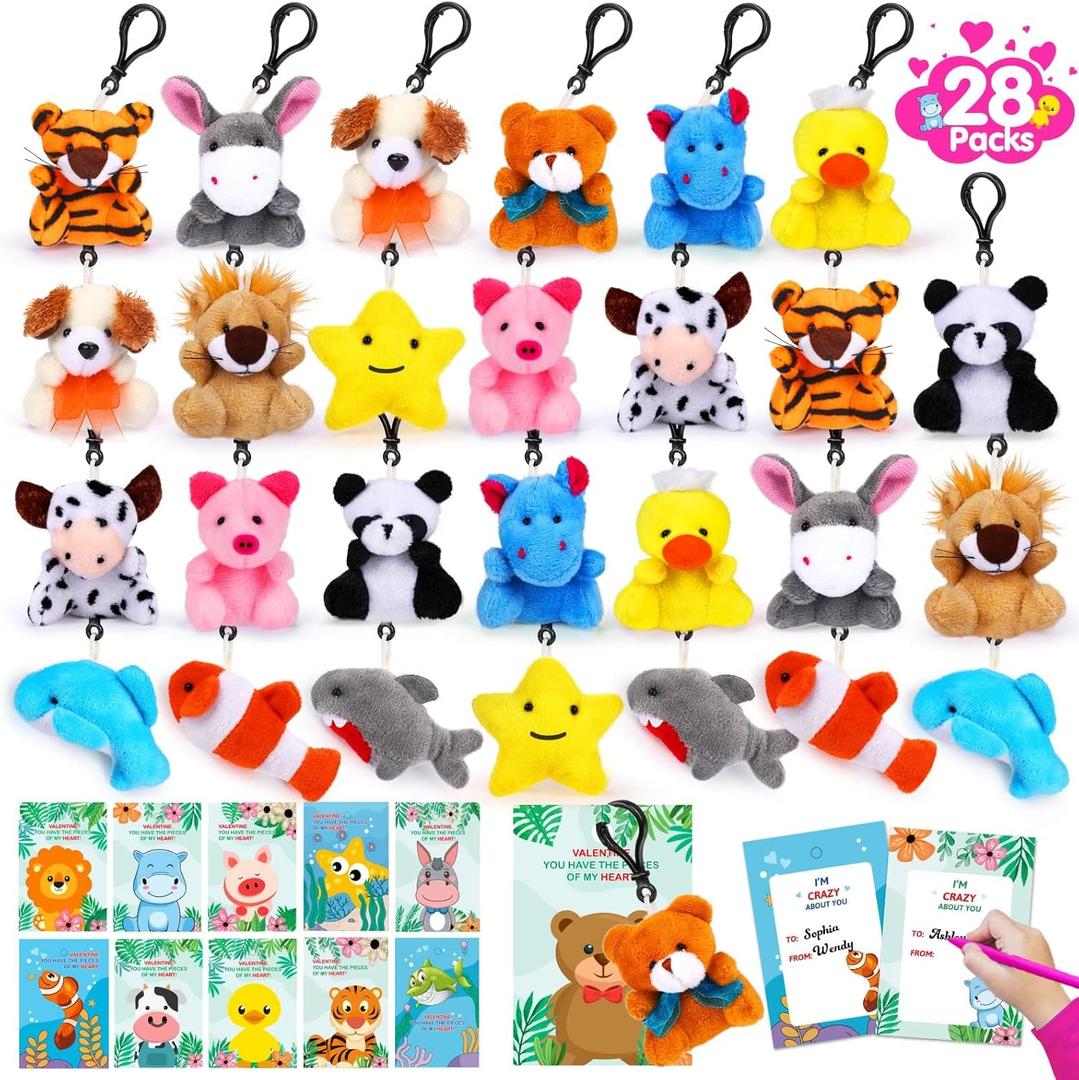 28 Packs Valentines Day Gifts for Kids Girls Boys with Valentines Stuffed Animal Keychain Valentine Cards for Kids Classroom Exchange Gifts Mini Animal Plush Toys Valentines Party Favor School Prizes