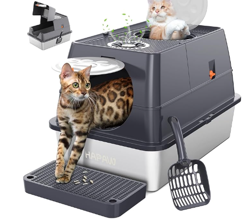 Stainless Steel Litter Box with Lid, 135° Flip-Top Extra Large Cat Litter Pan, Enclosed Metal Litter Box with Litter Scoop & Filter Pedal, Odor Free, Front & Top Dual Entry