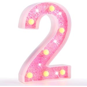 Pooqla Marquee Numbers Lights, light up Pink Numbers, Glitter Number Night Light Battery Powered Birthday Gift for Boys Girls Christmas Wedding Home Bar Party Decoration, Pink 2 (Warm White)