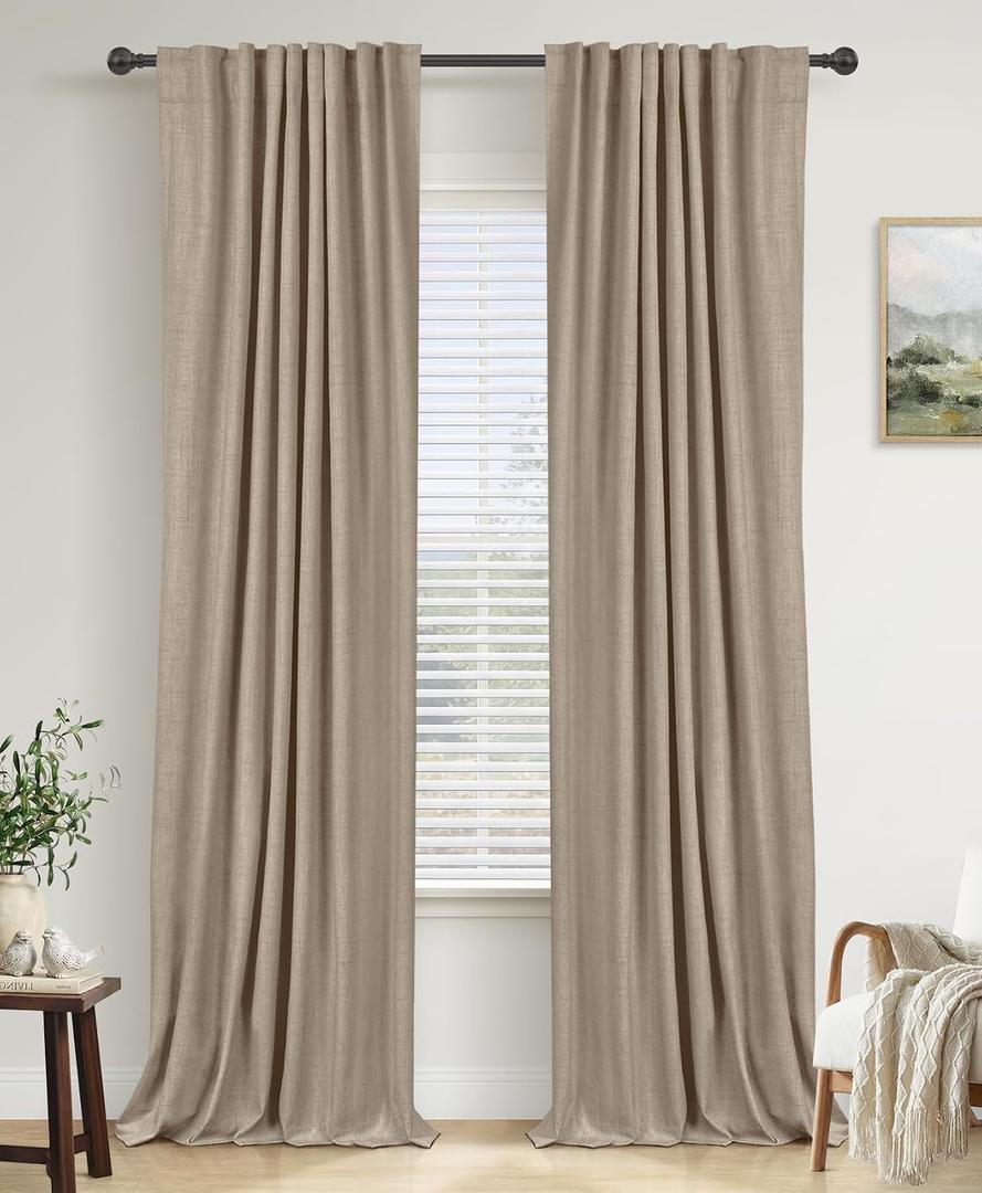 100% Blackout Shield Linen Blackout Curtains for Bedroom 84 Inches Long, Back Tab/Rod Pocket Living Room Drapes, Thermal Insulated Blackout Curtains 2 Panels Set, 50" W x 84" L,Burlywood Birch