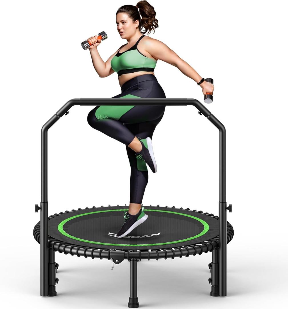 BCAN Adult Mini Trampoline, 40" Fitness Trampoline with Bungees, U Shape Adjustable Foam Handle, Stable & Quiet, Indoor Outdoor Workout-Green
