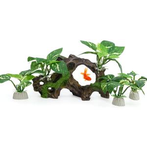 Driftwood Cave Aquarium Decor Silk Aquarium Plants for Betta Fish Tank Accessories Decorations (Green)