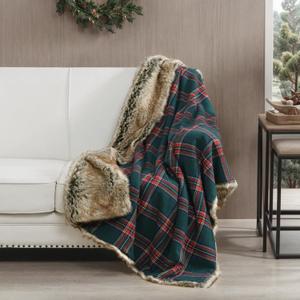 HORIMOTE HOME Luxury Plush Faux Fur Throw Blanket with Green Plaid Pattern, Super Warm, Fuzzy, Elegant, Fluffy Decoration Christmas Holiday Blanket for Couch, Armchair, Sofa and Bed, 60''x 80''