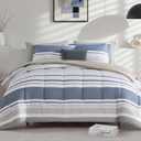 Monbix Queen Comforter Set - 7 Pieces Bed in a Bag Queen, Ocean Blue-Stripe Bedding Sets, All Seasons Comforter Bed Set with Sheets, Pillowcases & Shams