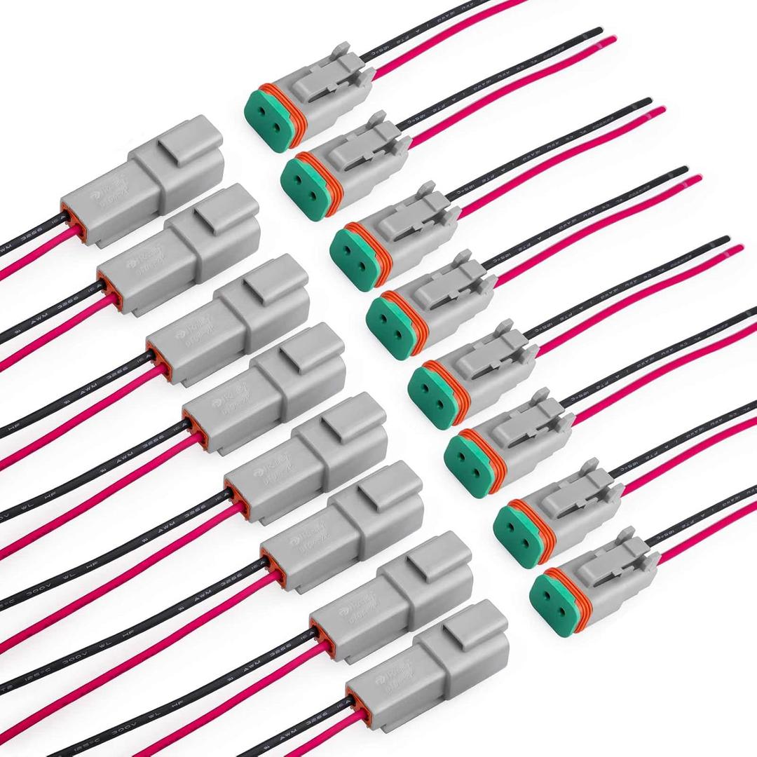 JRready ST9033-02-08 Deutsch 2 Wire DT Connectors Kit 16AWG (UL3266), IP68 Waterproof Automotive Electrical 2 Pin Connector, Gray Male and Female Wire Harness Connectors for Car Truck Boat, 8 Sets