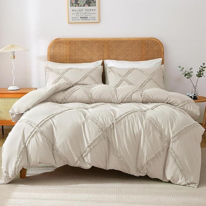 MILDLY Boho Duvet Cover Beige - Tufted Comforter Cover Set Geometric Textured Jacquard Queen Size Bedding Set with Corner Ties & Zipper Closure,  90" x 90"