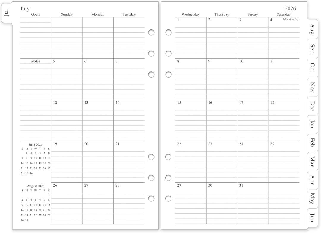 2026-2027 Monthly Planner Refill, A5 Medium Planner Inserts for 6 Holes, 5.5"x8.5", Jul. 2026 - Dec. 2027, 12 Monthly Calendars with Laminated Tabs, 6-Hole Punched (Two Page Per Month)