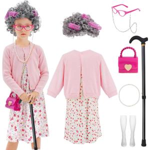 WooWee Kids Girl 100 Days of School Costume, Old Lady Costume for Kids, Halloween Cosplay Dress Up (5-7y, Pink)