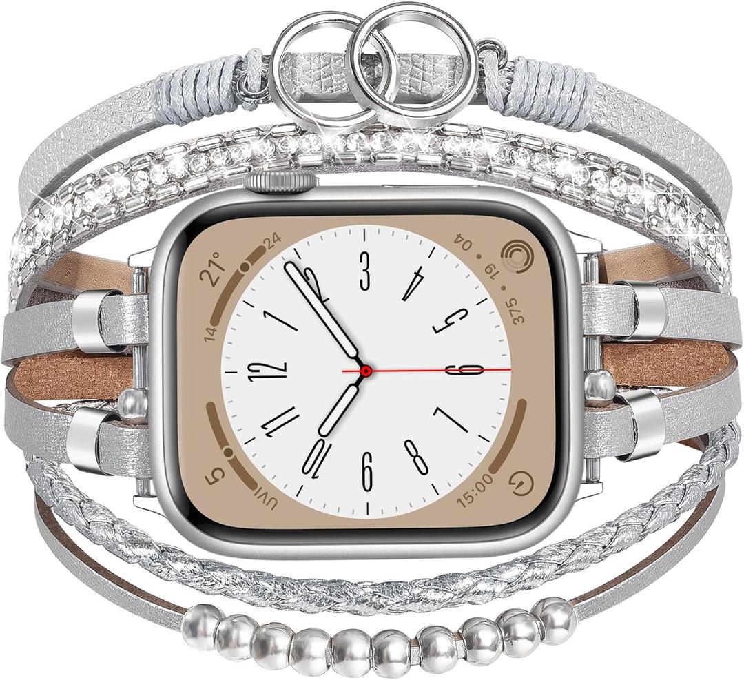 MOFREE Boho Leather Bracelet Compatible with Apple Watch Band 38mm 40mm 41mm Women, Adjustable iPhone Watch Bands Fancy Jewelry Multilayer Strap Wrap for iWatch Bands Series 10 9 8 7 6 5 4 3 2 1 SE