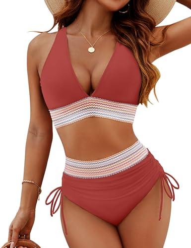 Blooming Jelly Womens High Waisted Bikini Tummy Control Swimsuits Two Piece Drawstring Swim Suits 2024 (M, Brick Red)