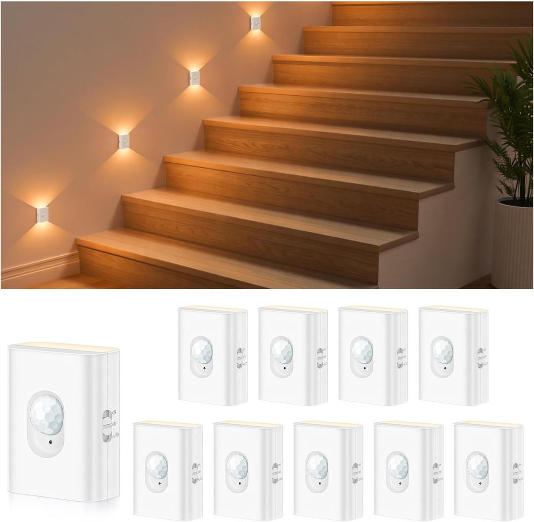 WILLED Rechargeable Motion Sensor Night Lights for Stairs, 10 Pack Wireless Magnetic Stick-On Battery Lights for Hallway, Bedroom, Closet, Kitchen