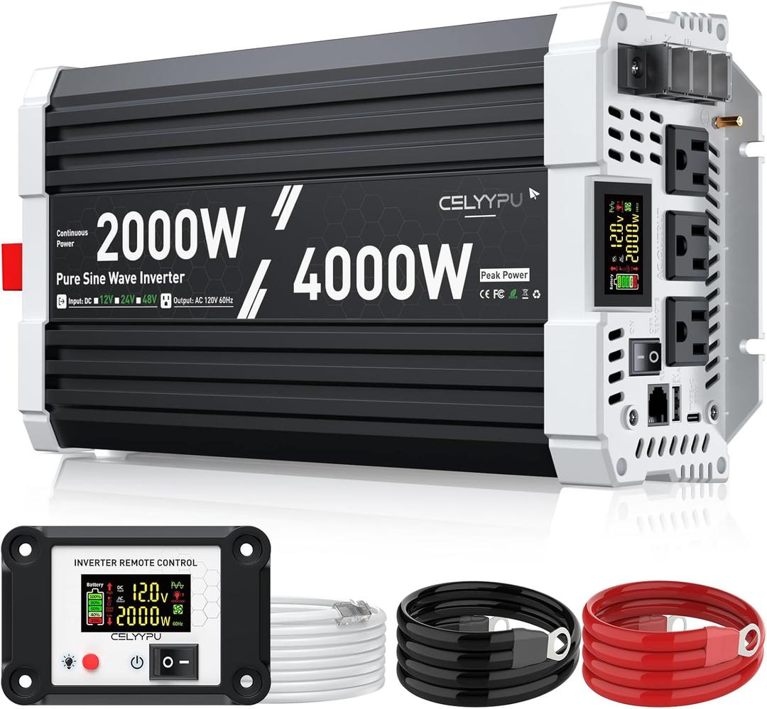 2000 watt Pure sine Wave Inverter, 12V DC to 110V AC Power Inverter, Used for Solar Emergency Power Supply in RV Homes, with 3 AC Output sockets, USB Port, Type-C Port, Remote Control with LCD Screen