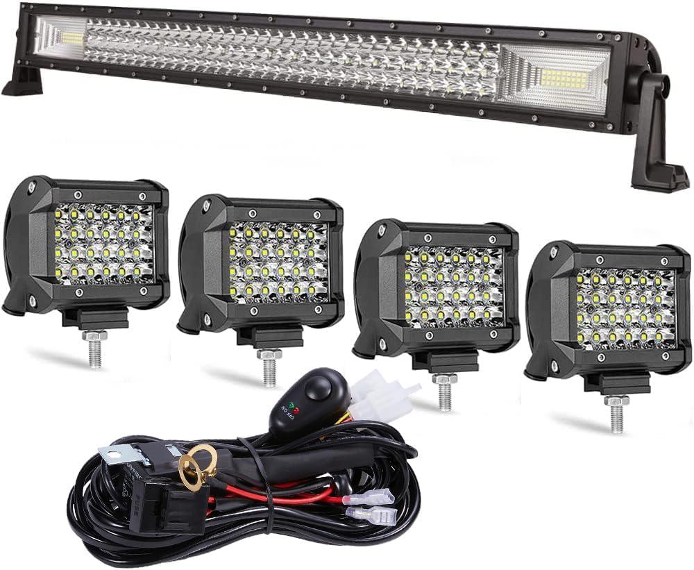 LED Straight Light Bar,32inch 459W +4pcs 72W Led Pods Tri Row Lens Flood Spot Combo Beam Led Driving Lights Super Bright Off Road Lights with Wiring Harness for Trucks UTV ATV Boat