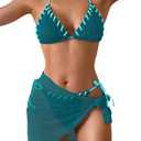 B2prity Women's Bikini Sets 3 Piece Swimsuit Halter Triangle Mesh Sarong Wraps Bathing Suit with Coverups, 2 XL