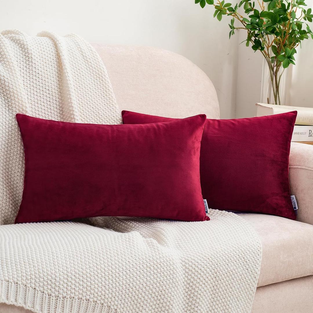 HWY 50 Burgundy Red Velvet Rectangular Throw Pillow Covers 12x20 Inch, Pack of 2 Soft Cozy Solid Decorative Luxury Cushion Cases for Couch Sofa Bed Living Room Bedroom