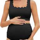 Summer Mae Scalloped Maternity Swimsuits for Women High Waist Bathing Suit Pregnancy Two-Piece Bikini Tie Knot Swimwear (10, Black)