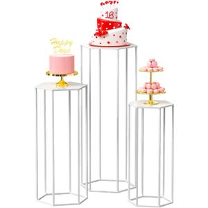 Wokceer Hexagon Pedestal Stand Cylinder Stands for Party 35.43" Set of 3 Nesting Display Cylinder Tables for Parties Wedding Living Room Patio Decor White
