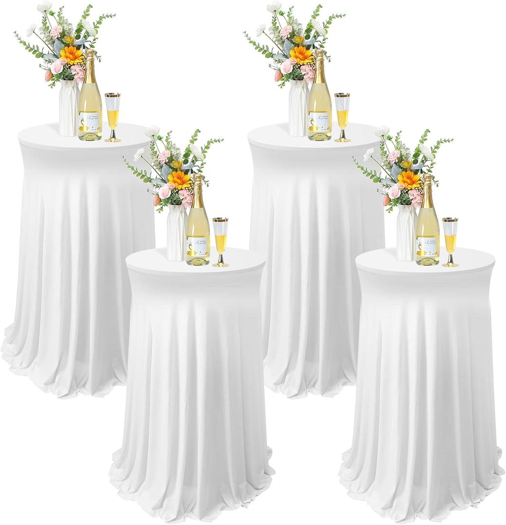 4 x Tegeme 4 Packs Round Spandex Cocktail Tablecloths with Skirt 32 x 43 Inch Cocktail Round Table Cover Spandex Stretch Square Tablecloth Skirt for Table Bar Wedding Party Banquet (White)