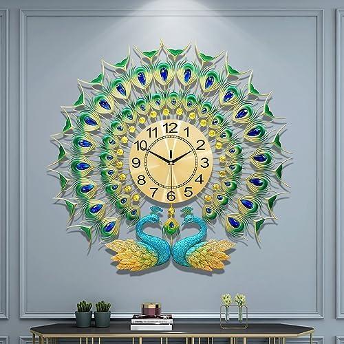 Large Peacock Wall Clock 27.6 inch Non-Ticking Silent Crystal Creative Personality Modern Art Decorative Wall Clocks for Living Room Decor (Green)