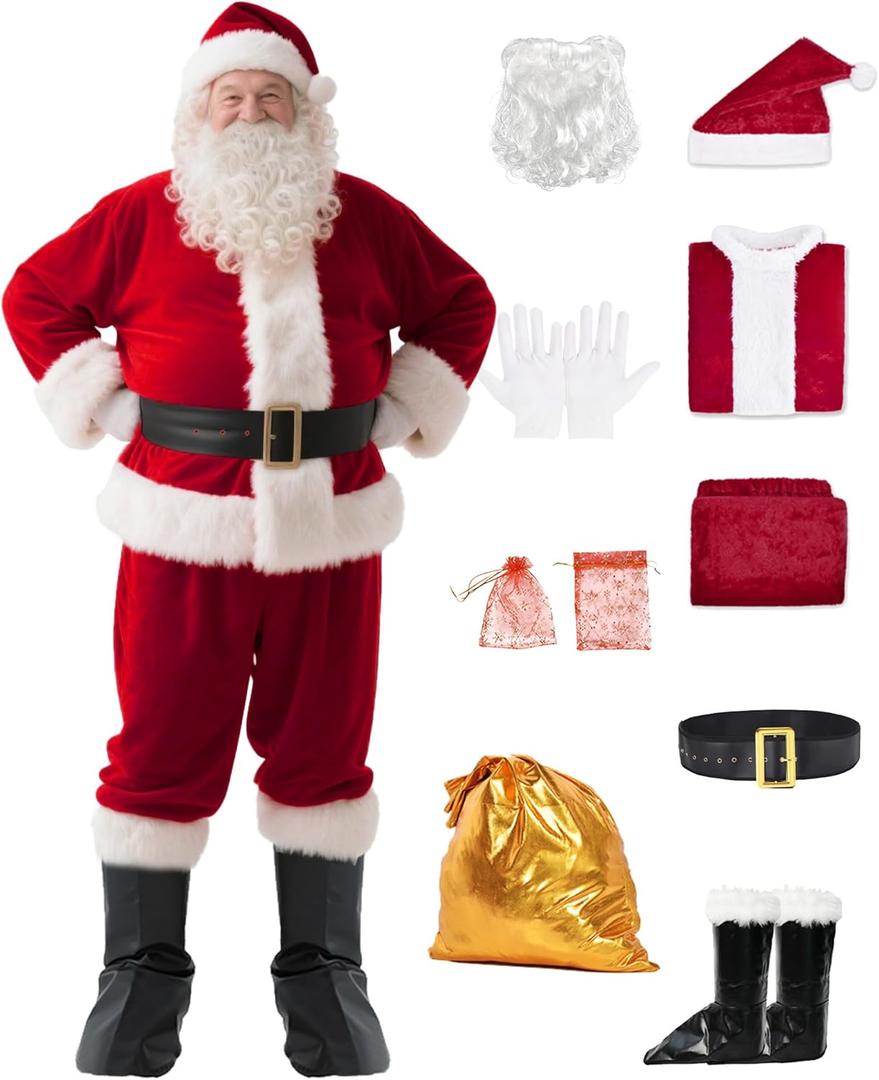 Santa Claus Costume for Men - Professional Santa Suit Adults Men, Velvet Santa Outfit for Xmas Party, Cosplay