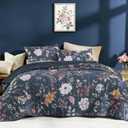 Litanika Floral Navy Blue Quilt Super King Plus Size - 3 Pieces Botanical Birds Pattern Quilt Bedding, Oversized Lightweight Soft Coverlet for All Seasons (128"x120")
