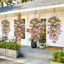 4PCS Artificial Hanging Flowers for Outdoors Summer Decoration, Fake Hanging Plants Faux Petunias with Eucalyptus, UV Resistant No Fade Plastic Realistic Silk Flowers for Porch Patio Balcony Indoor