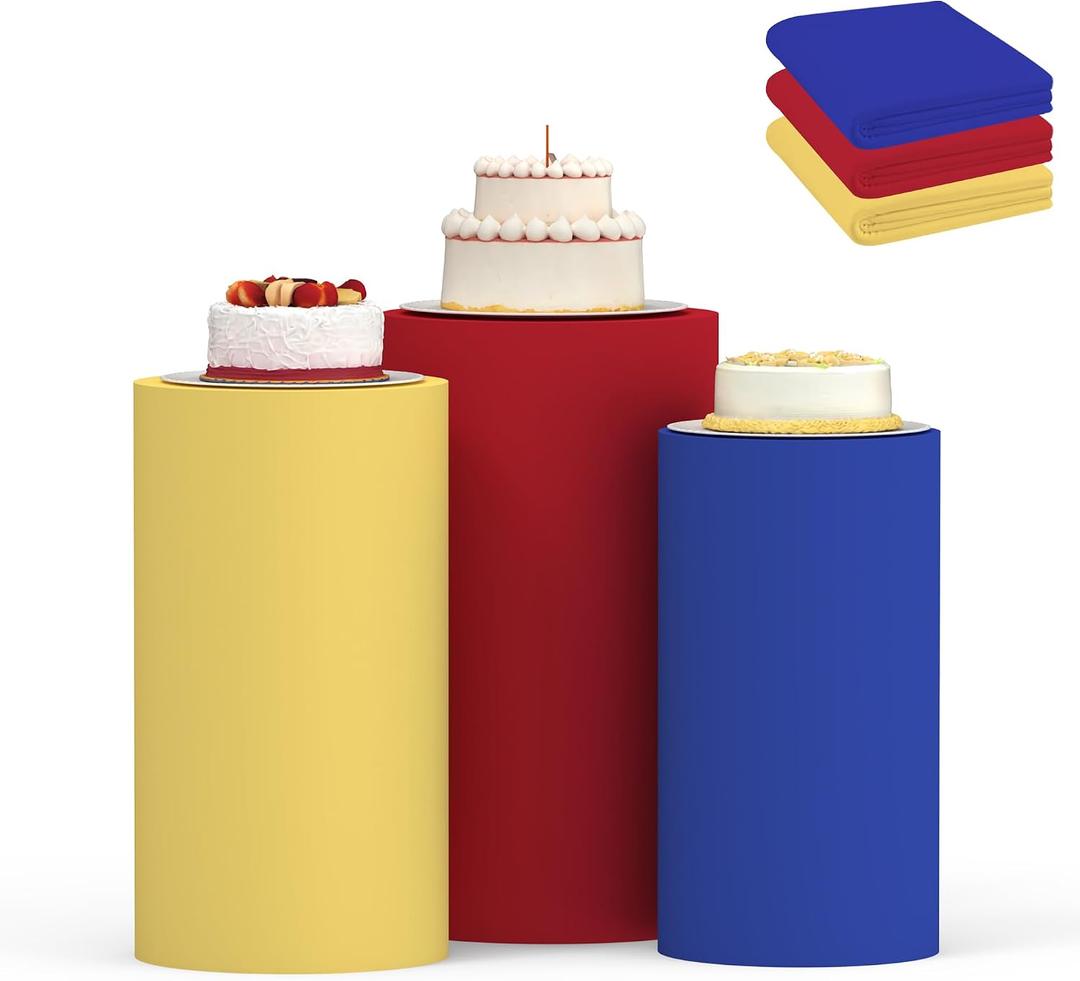 Cylinder Covers Set of 3, Cylinder Stand Covers for Parties,Round Pedestal Stand Covers for Cylinder Stands for Wedding Party Birthday Display(Cylinder Stands Not Included) (Blue Yellow Red, S+M+L)