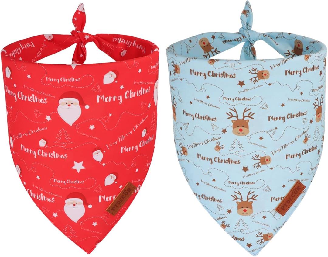 PTDECOR Christmas Dog Bandana, Santa and Deer Design Reversible Holiday Pet Scarf, Premium Durable Fabric, Red Blue Triangle Christmas Bandanas for Extra Large Dogs (X-Large)