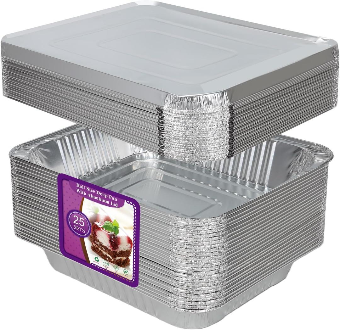 Aluminum Foil Pans Half Size 9x13, Disposable Aluminum Pans Large Baking Pan Trays-Heavy Duty Foil Pans Roasting, Cooking, Heating or Steam (25 pans with lids)