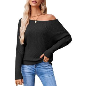 Women Off The Shoulder Sweater Batwing Long Sleeve Loose Fit Knit Pullover Tops Casual Fall Jumper Tops 2024 (Black, XL)