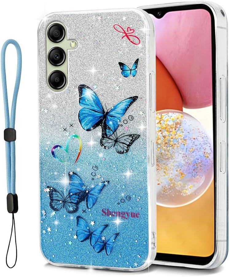 for Samsung Galaxy A14 5G Case with Lanyard,The Stars are Covered with a Glittering Butterfly Pattern for Samsung Galaxy A14 Phone Case (Blue)