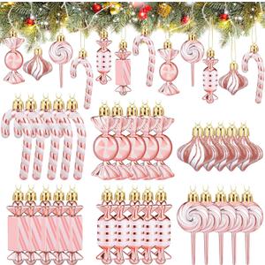 Realspring 30 Pcs Christmas Candy Ornaments Peppermint Candy Cane Christmas Decorations Plastic Lollipop Hanging Ornaments with Rope for Xmas Tree Party Holiday Supplies(Pink White)