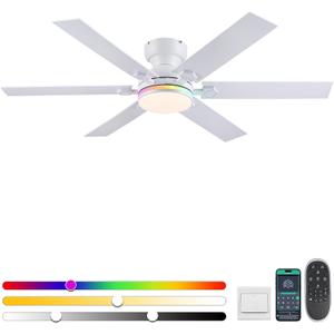 Goniyado 52" RGB Ceiling Fans with Lights and Remote,White Low Profile Ceiling Fans with Quiet Reversible DC Motor, Modern Flush Mount Ceiling Fans for Kids Room Bedroom (6 blades White+Maple RGB)