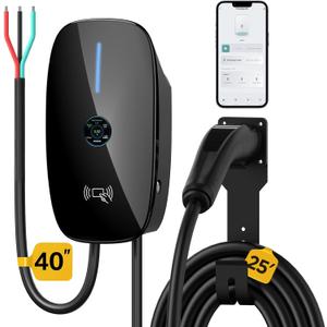 Level 2 EV Charger 48 Amp - NACS Compatible with Tesla, Smart Hardwired Installation, UL Certified, 25ft Cable, Indoor/Outdoor, 220V Electric Vehicle Charging Station, Black