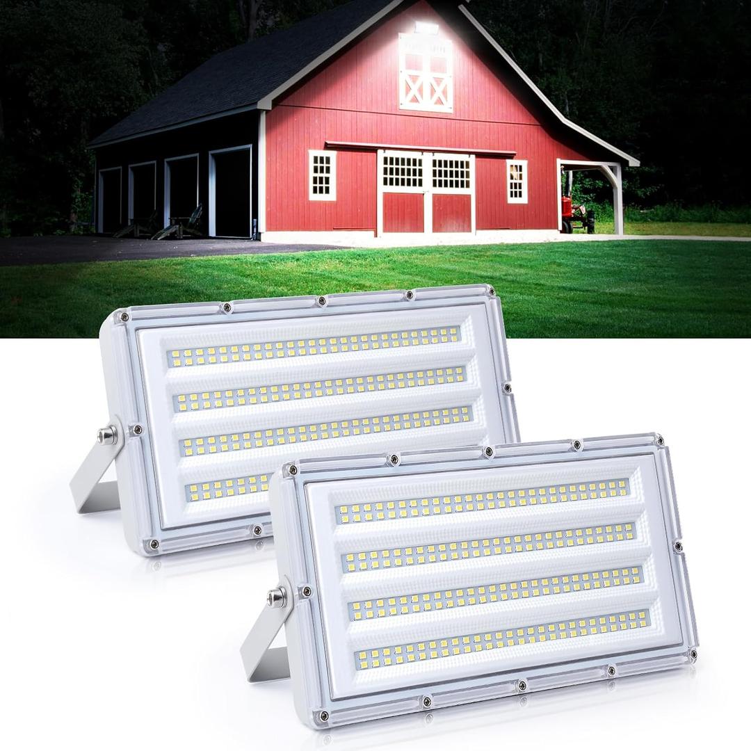 LED Flood Lights Outdoor, 100W 10000LM Outside Work Light with Plug, Outdoor Security Light 6500K Daylight White, IP66 Waterproof Bright Floodlight for Garage, Yard, Garden, Patio (2 Pack)