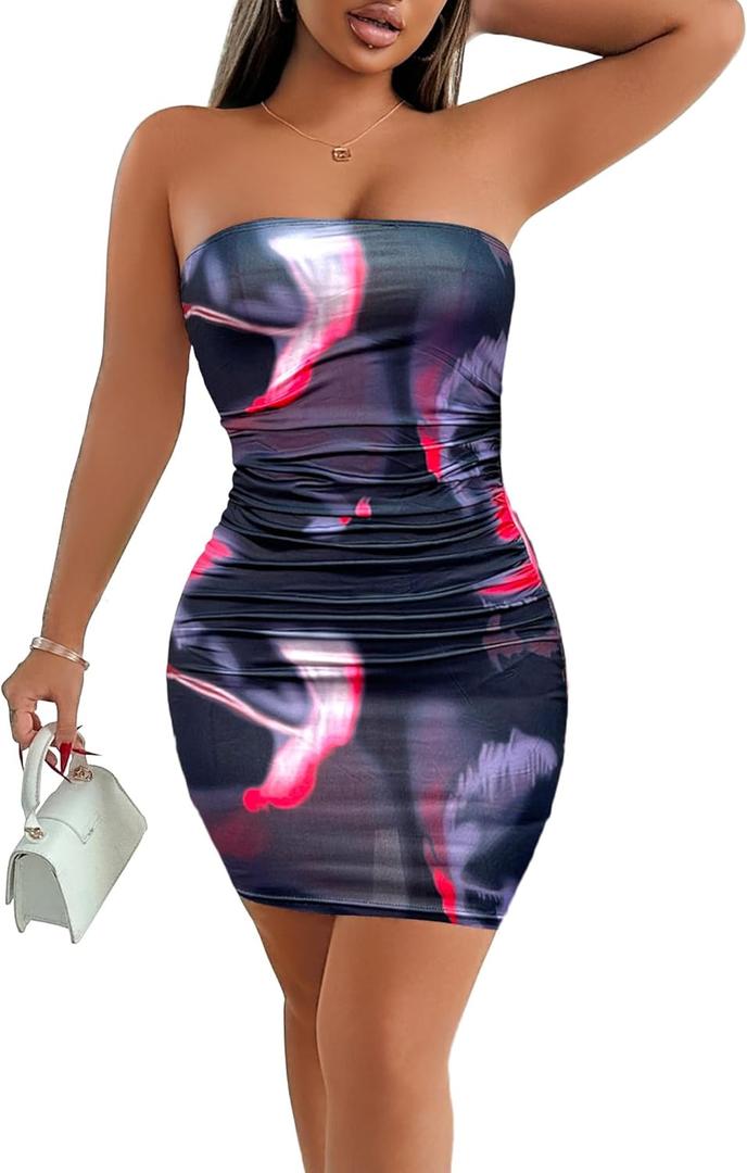 Tube Dress Tube Dresses for Women 2025 Party Mini Club Going Out Vacation Strapless Short Clubbing Bodycon Backless (XL)