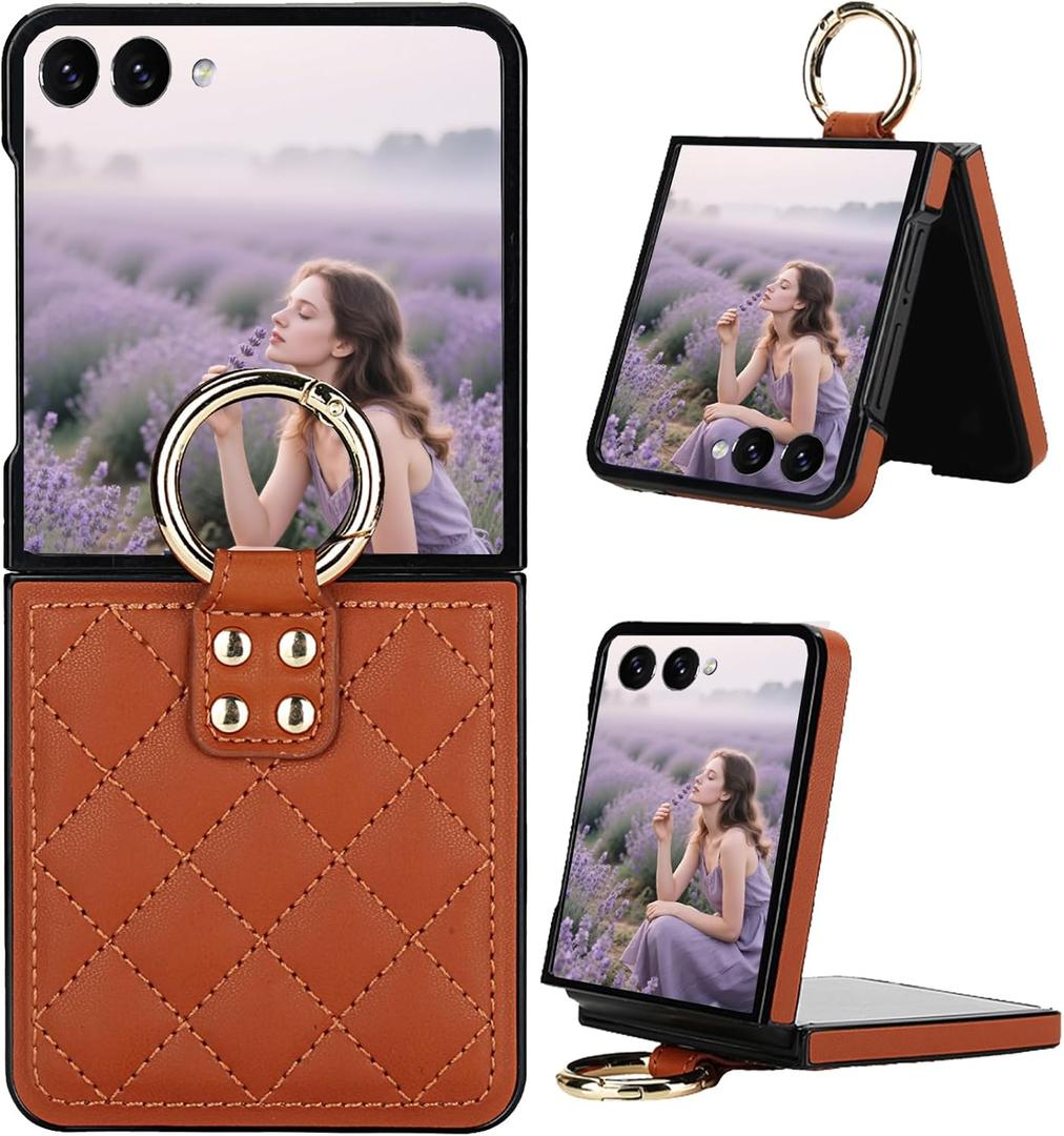 Ephoou for Samsung Galaxy Z Flip7 Case with Ring Holder, Durable Soft Rhomboid PU Leather Cover with Hinge Protection Anti-Scratch Shockproof Slim Case for Samsung Z Flip 7 ZXF-Brown