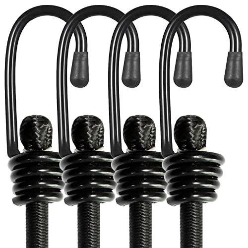 BEXSLE Bungee Cords with Hooks, Heavy Duty Outdoor Elastic Bungee Straps，No Odour Industrial Grade Bungee Rope for Securing Tarps, Luggage, Tents, Bikes or Garden Tidying 24inch 4Pcs (Black)