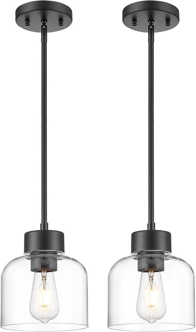 2-Pack Pendant Lights Kitchen Island, 7" Matte Black Hanging Lights Fixtures with Clear Glass Shade, Modern Kitchen Pendant Lighting Over Island for Dining Room, AD-24024-1P2-BK