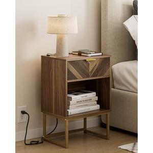 Masupu Nightstand with Charging Station,Modern Night Stand Boho Farmhouse Wood Bedside Table with Storage Drawer Side End Table for Bedroom,Living Room,Office,Walnut Brown with Outlet Masupu Nightstand with Charging Station,Modern Night Stand Boho Farmhouse Wood Bedside Table with Storage Drawer Side End Table for Bedroom,Living Room,Office,Walnut Brown with Outlet