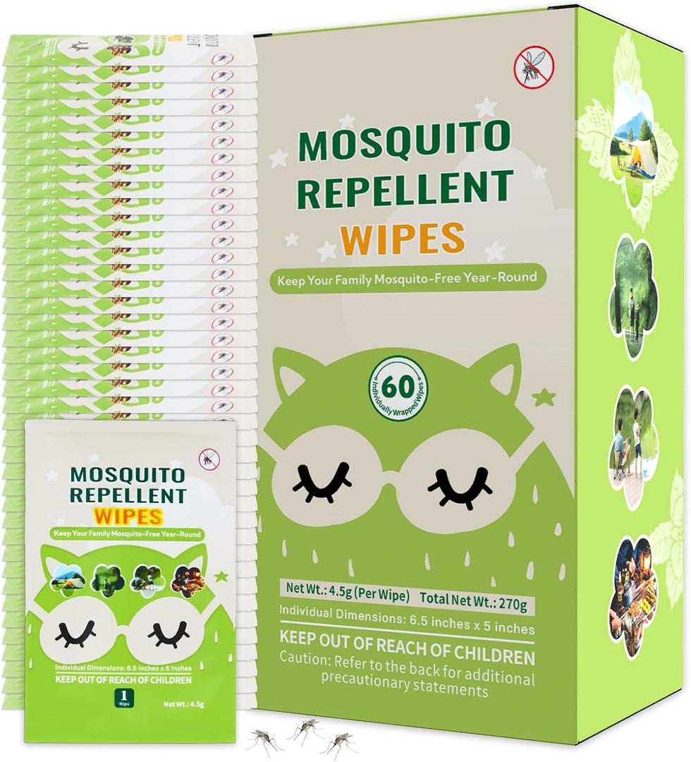 60 PCS Mosquito Repellent Wipes, Individually Wrapped Insect Repellent Wipes Made of Natural Plant-Based Essential Oils, Safe & Effective Insect Protection Perfect for Outdoor Activities, Long-Lasting