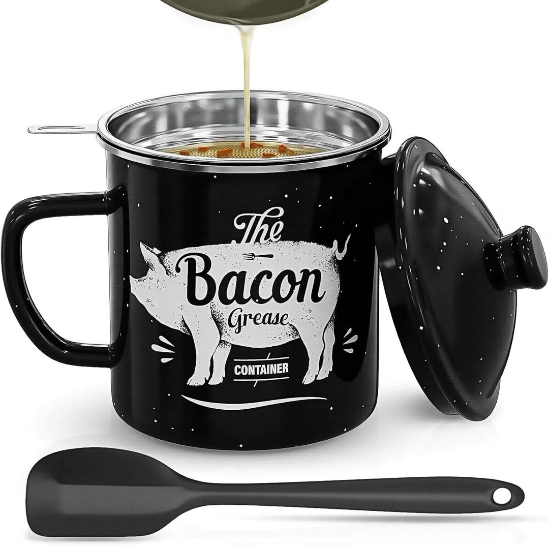 Bacon Grease Container With Strainer, 46OZ Large Enamel Grease Container, With Silicone Spatula, Farmhouse Bacon Grease Keeper, Cooking Oil Container For Kitchen Fat Storage, Dishwasher Safe-Black