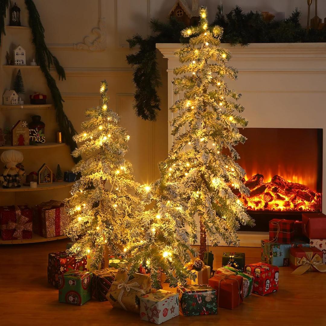 3 Pcs Flocked Natural Artificial Christmas Tree Set with Lights Flocked Christmas Tree with Bendable Branches for Xmas Decor (Alpine Tree,2' 3' 4')