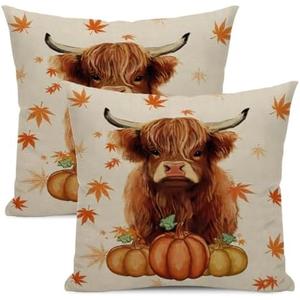 Fall Pillow Covers 18x18 Set of 2 Orange Cow Pumpkin Maple Leaf Throw Pillow Covers Outdoor Decoration Autumn Thanksgiving Decor Cow Pillowcase Farmhouse Decorative Cushion Case for Sofa Couch