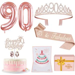 90th Birthday Decorations for Women, Include 90th Birthday Sash and Tiara, Cake Topper and Candles, Number Balloons, 3D Pop Up Greeting Card, 90 Year Old Gifts Women