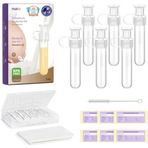 Nuliie Colostrum Collector Kit 7 mL/6 pcs, Leakproof, Reusable Breast Milk Collector, Heat & Freezer Resistant, BPA-Free, With Cotton Cloth Wipe, Storage Case, Cleaning Brush - Ready-to-Use for Newborns