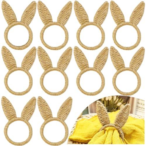 WINGFISH Easter Bunny Napkin Rings Set of 12 Handmade Cute Rabbit Ear Napkin Rings Bulk Burlap Jute Brown Napkin Ring Holders for Easter Party Banquet Dinning Spring Table Decoration