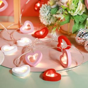 Mudder Valentine's Day Wooden Heart String Lights LED Fairy Hanging Love Lights Lamp Battery Operated Valentine's Day Decoration for Bedroom Festival Birthday Wedding(Red White Pink,20 Lights)