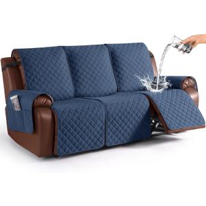 KinCam Waterproof Recliner Sofa Cover, Non-Slip Reclining Couch Covers for 3 Seat, Recliner Couch Cover Furniture Protector with Elastic Straps for Pets, Kids, Blue