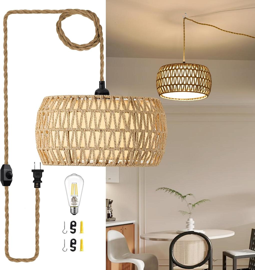 Boho Rattan Pendant Lights Farmhouse 12 Inch Plug in Chandelier Light Fixture Rustic Wicker Hand Woven Pendant Hanging Light with Cord for Dining Room Kitchen Bedroom Foyer Hallway
